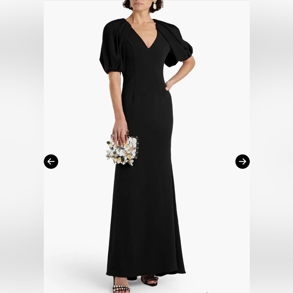 Badgley Mischka Gathered Crepe Black V-Neck Maxi Gown Statement Puff Sleeves - Picture 2 of 16